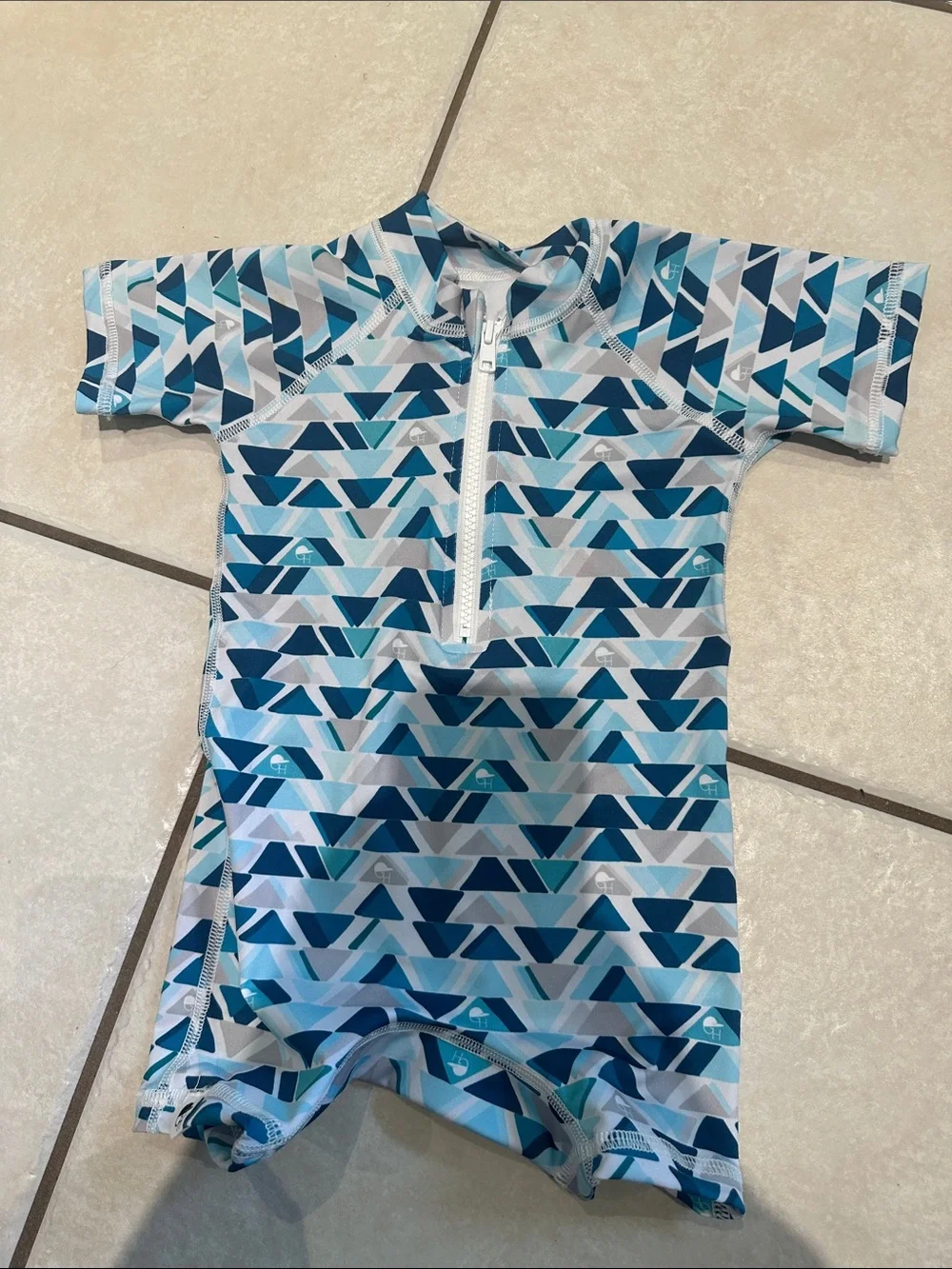 Kids Short-Sleeve Rashguard One-Piece Swimsuit - Blue Geo Print
